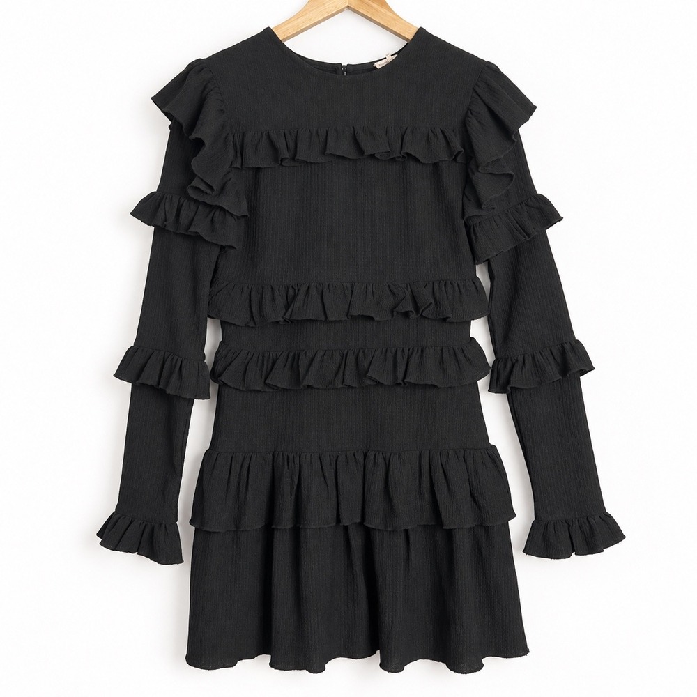 Tularosa Black Ruffle Tier Mini Dress Small Long Sleeve Romantic Whimsigoth READ